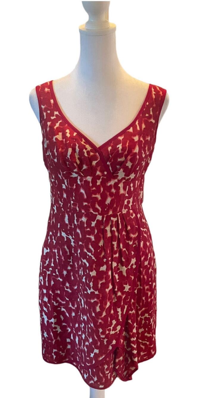 Nanette Lepore Women Red/White Sheath V-Neck Knee length Dress Sz.12 Silk Blend